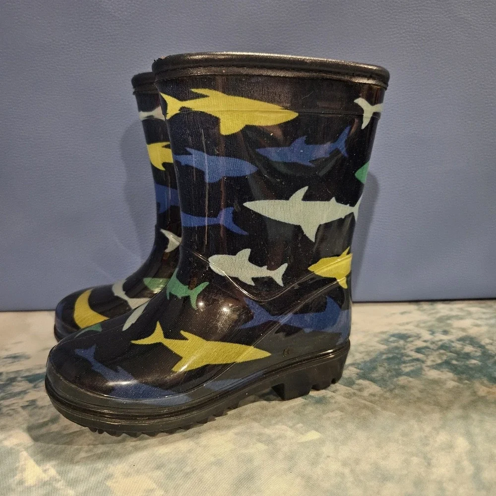 Carters Shark Rain Boots Toddler Boys Size 6 Blue Green Waterproof